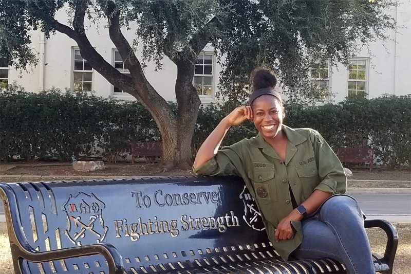 Lauren Dodd at training at Fort Sam Houston in San Antonio, Lauren Dodd proudly wearing her father’s U.S. Army jacket