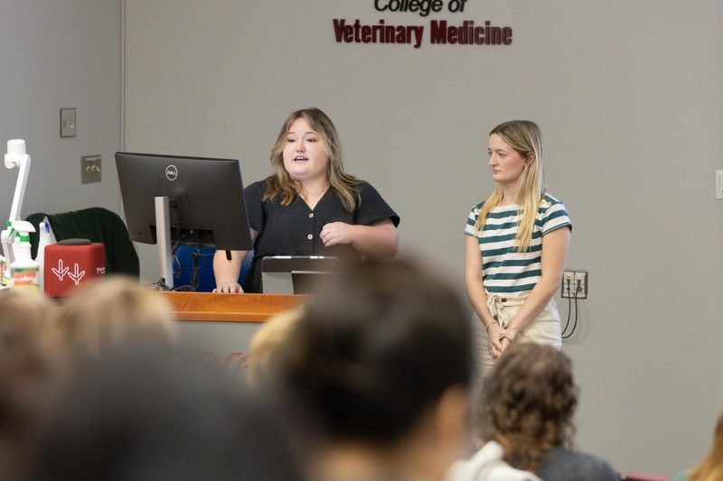 (From left) Gracie Akers and Hannah Howell presenting on “Dining with Dignity: A Guide for Restaurant Staff to Support Guests with Memory Issues” after working with Warm Hearth Village for the MPH Integrated Learning Experience presentations