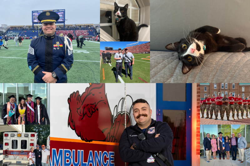 Photos of Andre Asarian with his family, classmates, and his tuxedo cat Po.