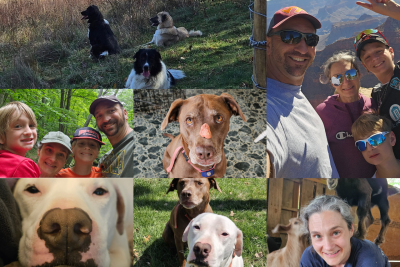 A collage of photos of Sheryl Coutermarsh-Ott, her husband, her kids, and her dogs