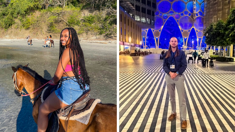 At left: Habtemichael rides a horse on a beach in Costa Rica. At right: Etzler strikes a pose at the COP28 in the UAE.