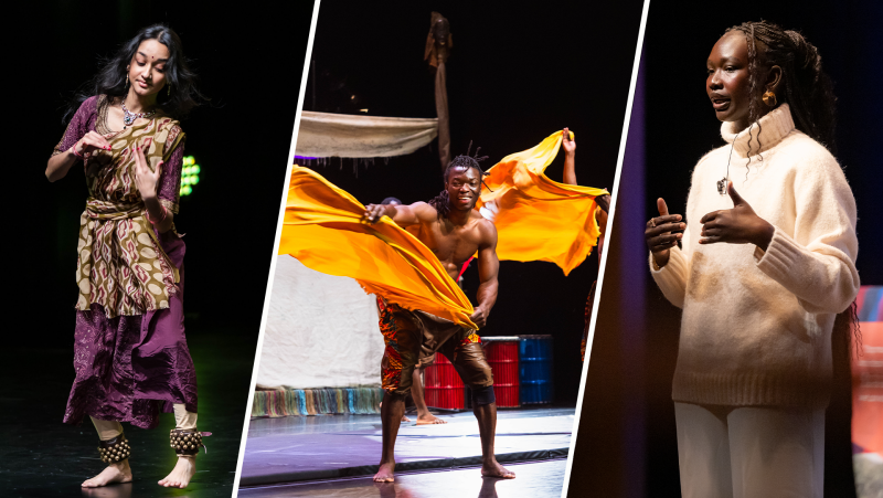Collage of three photos. Photo one: a woman dances in a purple sari on stage. photo two: a man dances on a stage with a bright yellow flag. Photo three: Mary Maker speaking at her keynote address