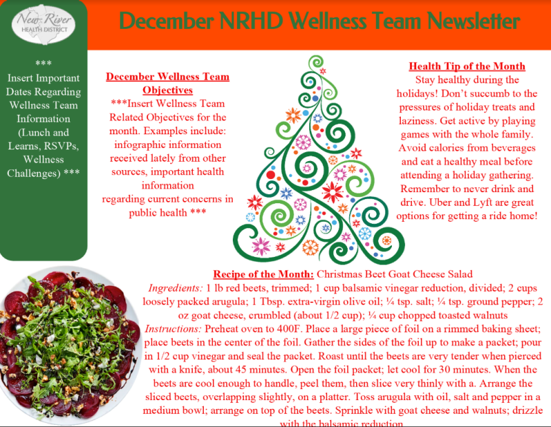 Image of a monthly wellness newsletter distributed to employees of the New River Health District. 