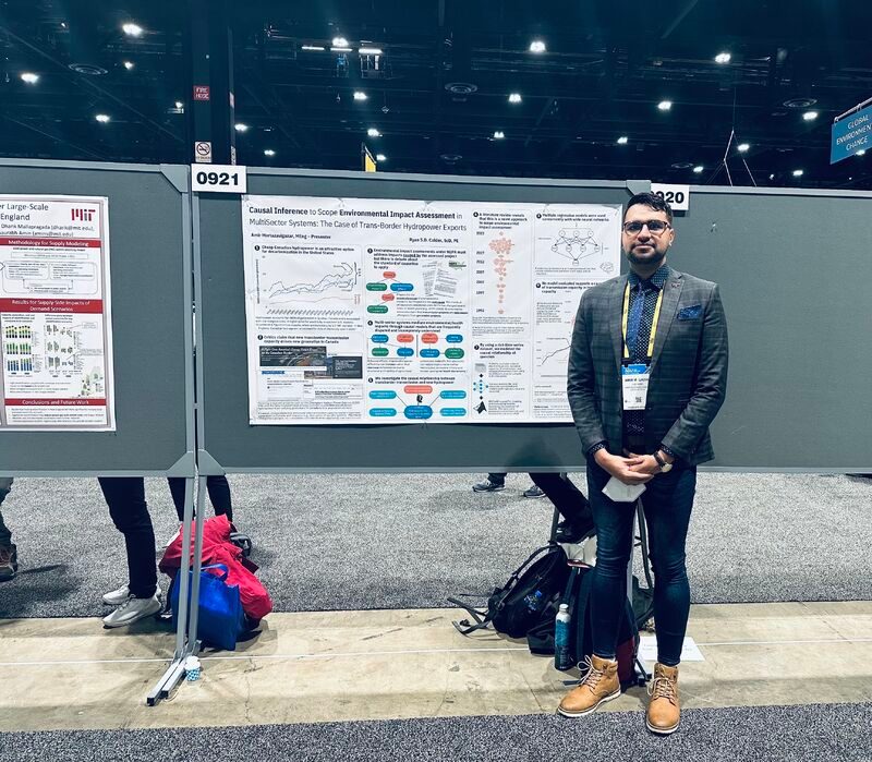 PhD student Amir Mortazavigazar presents poster at AGU 2022 on the use of causal inference to scope environmental impact assessment.