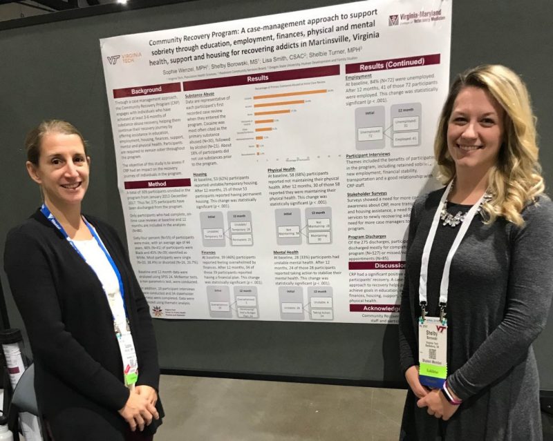 PhD/MPH student, Shelby Borowski, and program faculty member, Sophie Wenzel, standing in front of a poster they  at the APHA Annual Meeting on their work with a Community Recovery Program in Martinsville, VA.